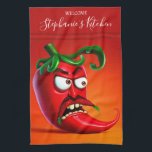 Funny Monster Red Hot Chilli Pepper Tea Towel<br><div class="desc">Funny angry chilli pepper character.</div>