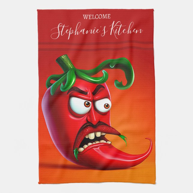 Funny Monster Red Hot Chilli Pepper Tea Towel (Vertical)