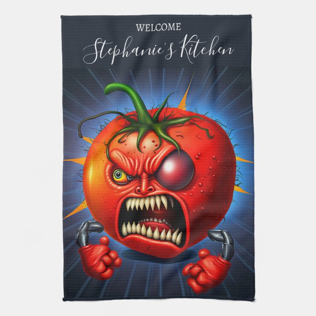 Funny Monster Red Tomato Boxer Tea Towel (Vertical)