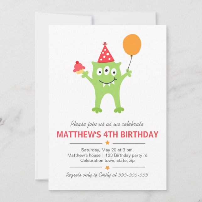 Funny monster with balloon and cupcake birthday invitation (Front)
