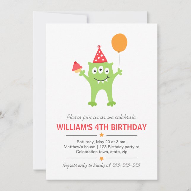 Funny monster with balloon and cupcake birthday invitation (Front)