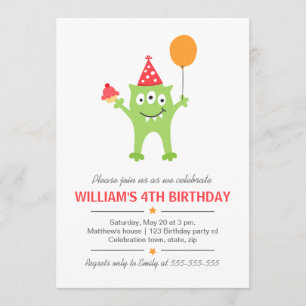 Funny monster with balloon and cupcake birthday invitation