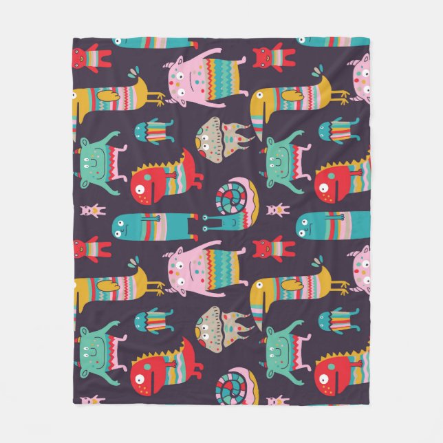 Funny Monsters Cartoon Seamless Pattern Fleece Blanket (Front)
