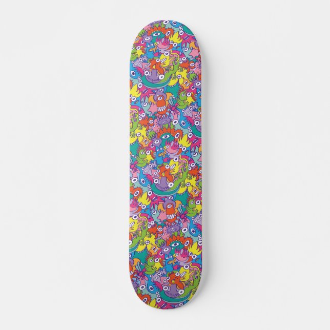Funny monsters colorful parade in doodle art style skateboard (Front)
