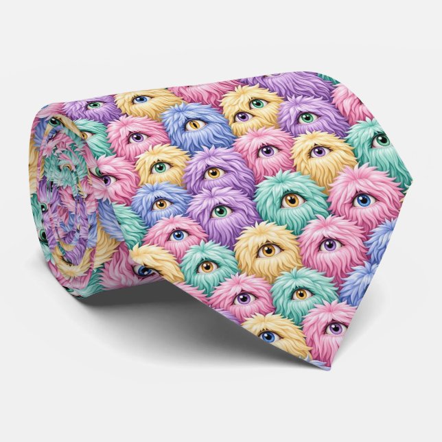 Funny Monsters Faux Silk | Furry Creatures Tie (Rolled)