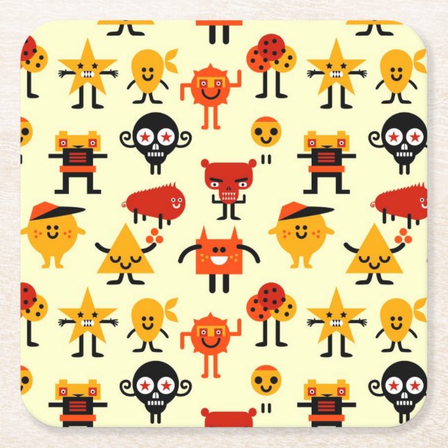 Funny monsters pattern square paper coaster (Front)