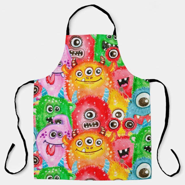 Funny Monsters, Watercolor Seamless Pattern. Apron (Front)