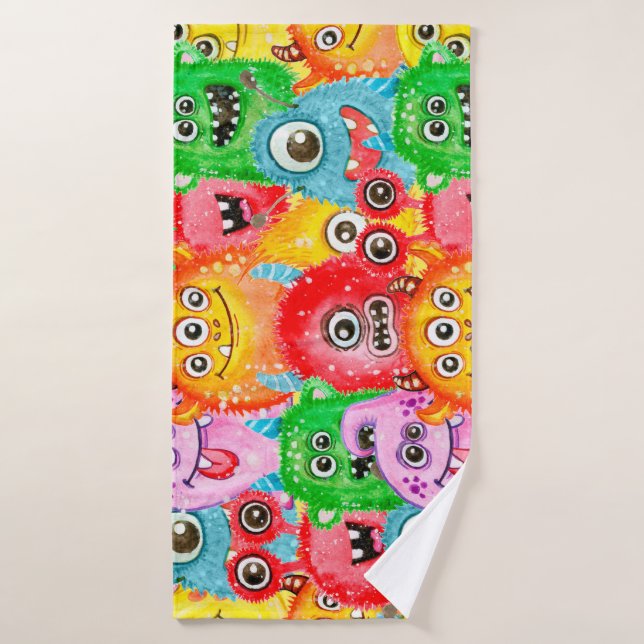 Funny Monsters, Watercolor Seamless Pattern. Bath Towel (Bath Towel)