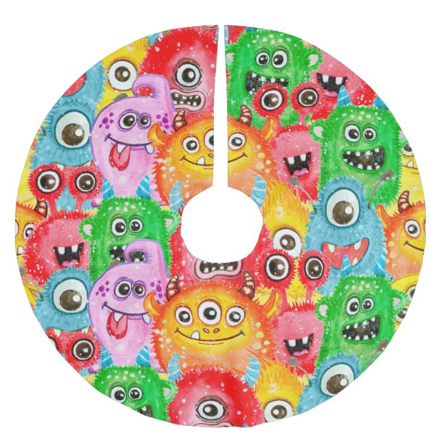 Funny Monsters, Watercolor Seamless Pattern. Brushed Polyester Tree Skirt (Front)