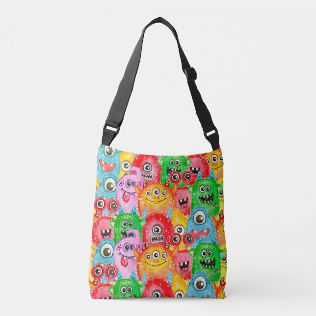 Funny Monsters, Watercolor Seamless Pattern. Crossbody Bag (Front)