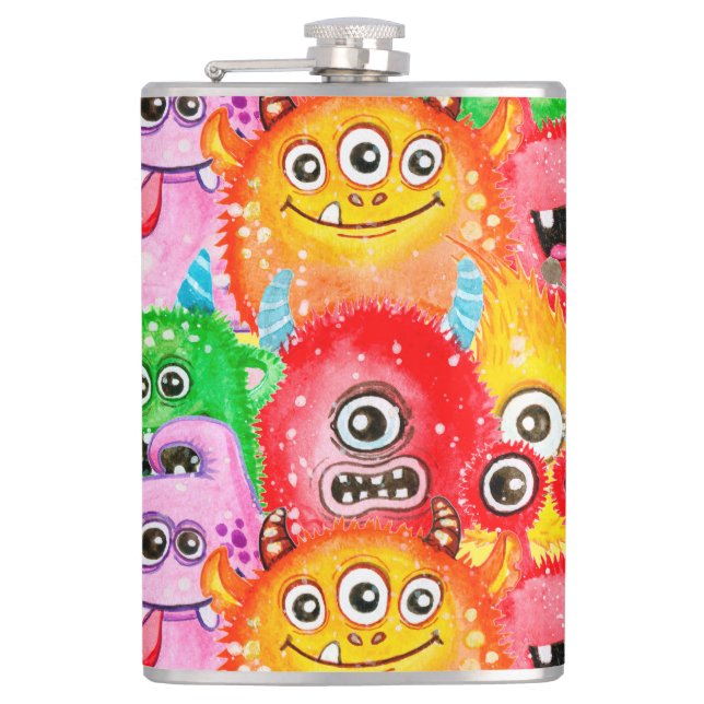 Funny Monsters, Watercolor Seamless Pattern. Hip Flask (Front)