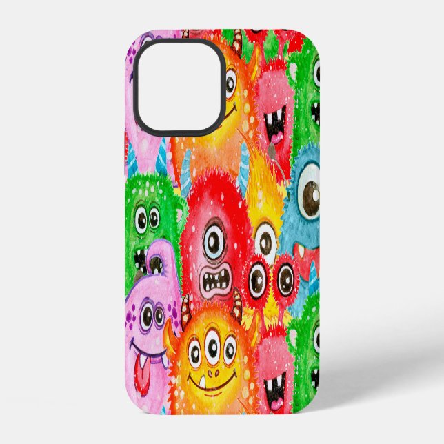 Funny Monsters, Watercolor Seamless Pattern. iPhone Case (Back)