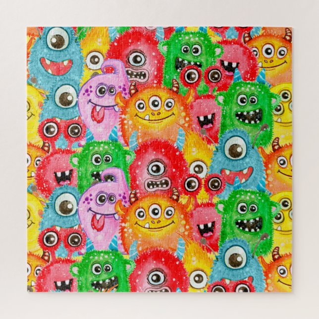 Funny Monsters, Watercolor Seamless Pattern. Jigsaw Puzzle (Vertical)