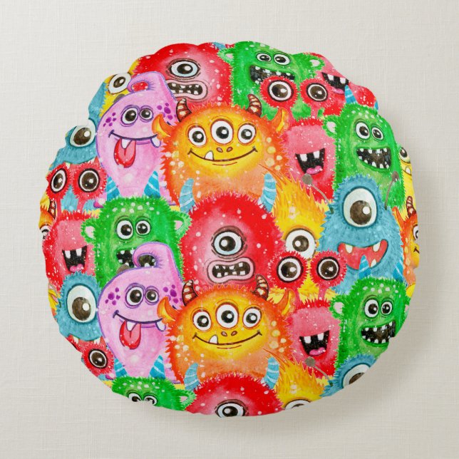 Funny Monsters, Watercolor Seamless Pattern. Round Cushion (Front)