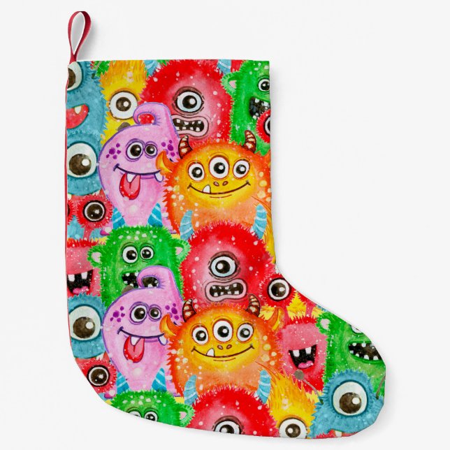 Funny Monsters, Watercolor Seamless Pattern. Small Christmas Stocking (Front)