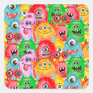 Funny Monsters, Watercolor Seamless Pattern. Square Sticker