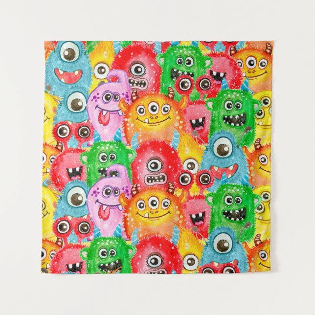 Funny Monsters, Watercolor Seamless Pattern. Tapestry (Front)