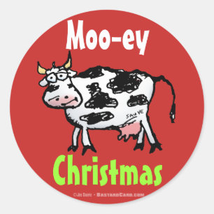 Funny Moo-ey Christmas Cow Classic Round Sticker
