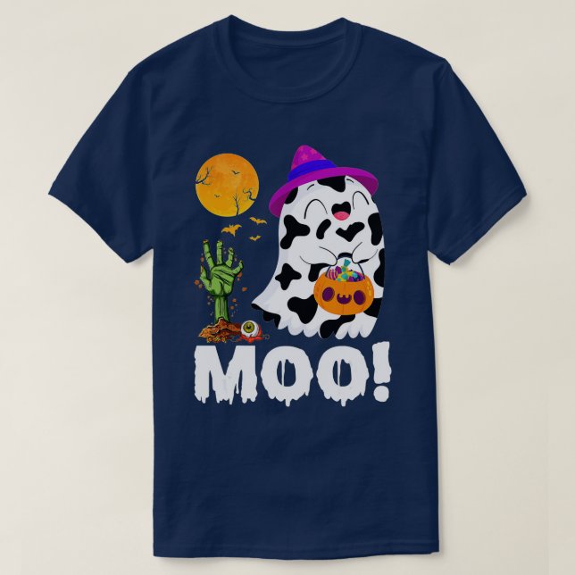 Funny Moo Ghost Cow & Witch Hat Happy Halloween Co T-Shirt (Design Front)