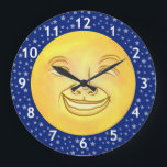 Funny Moon Man Outer Space Vintage Large Clock<br><div class="desc">This original clock design is derived from an antique image of a smiling moon face. It could also be the sun. It has a wide smile and somewhat crossed eyes - because it's staring at the clock dial on its nose. The numbers are white on a field of grayish stars...</div>