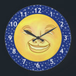 Funny Moon Man Outer Space Vintage Large Clock<br><div class="desc">This original clock design is derived from an antique image of a smiling moon face. It could also be the sun. It has a wide smile and somewhat crossed eyes - because it's staring at the clock dial on its nose. The numbers are white on a field of grayish stars...</div>