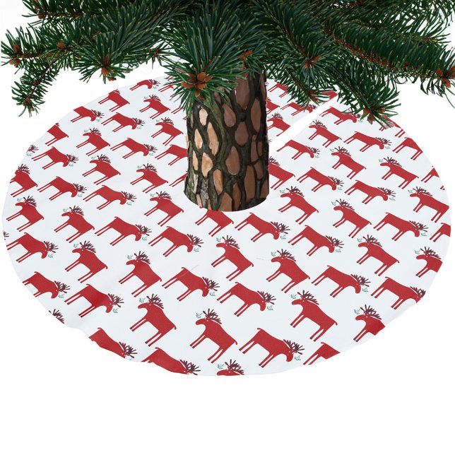 Funny Moose and Mistletoe Holiday Brushed Polyester Tree Skirt (Moose or elk with mistletoe fun festive red and white Christmas tree skirt)
