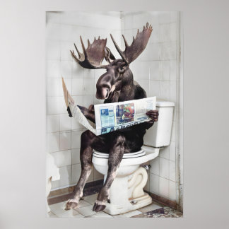 Funny Moose Bathroom Wall Art, Moose on Toilet Poster
