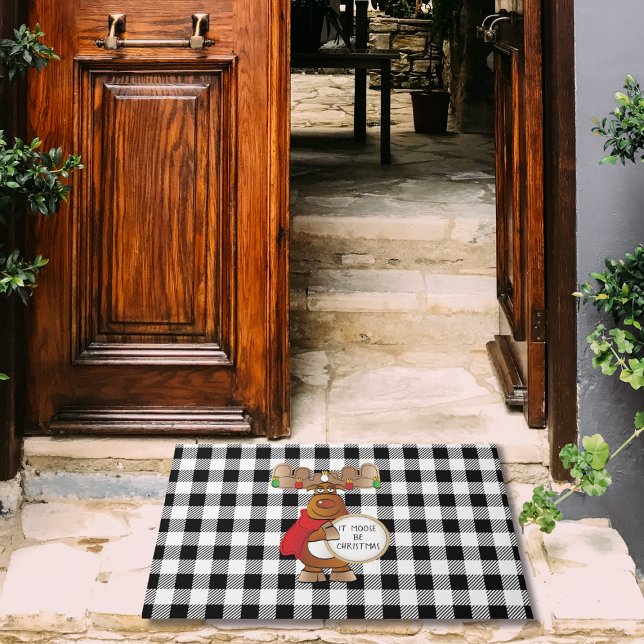 Funny Moose Black White Buffalo Check Christmas Doormat (Creator Uploaded)