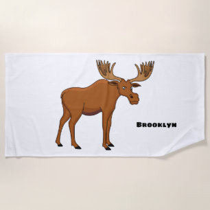 Funny moose cartoon illustration beach towel