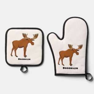 Funny moose cartoon illustration oven mitt & pot holder set