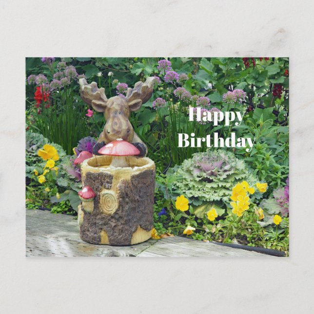Funny Moose Floral Garden Photo Birthday Postcard (Front)