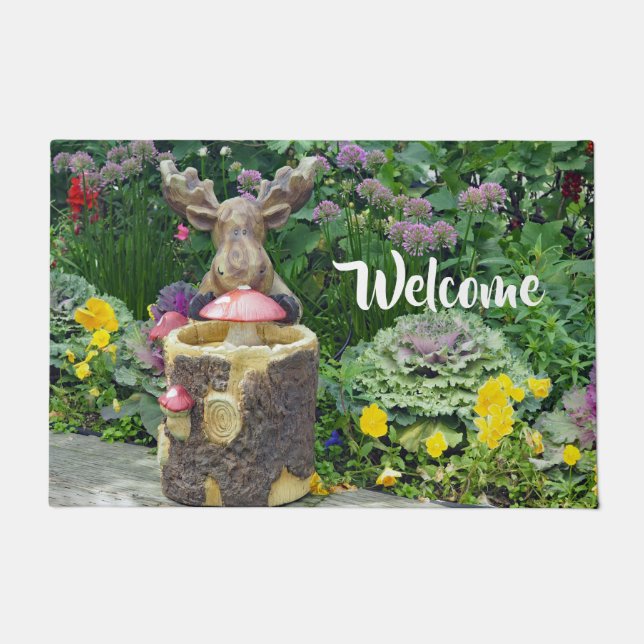 Funny Moose Floral Garden Photo Doormat (Front)