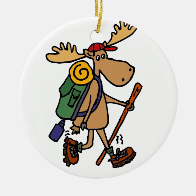 Funny Moose Hiker Ceramic Tree Decoration (Front)