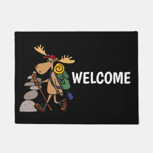 Funny Moose Hiking with Cairn Cartoon Doormat