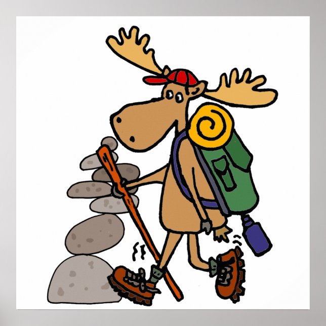 Funny Moose Hiking with Cairn Cartoon Poster (Front)