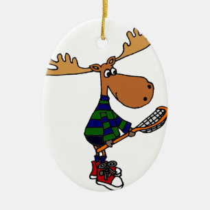 Funny Moose Holding Lacrosse Stick Ceramic Tree Decoration