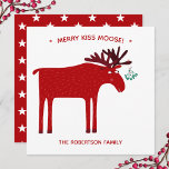 Funny Moose  Holiday Card<br><div class="desc">Merry Kiss Moose funny red and white Christmas holiday card featuring a whimsical moose or elk with a bunch of mistletoe tied to his antler,  hoping for a cheeky kiss.
Change or remove the family name,  and change the message to customise.</div>