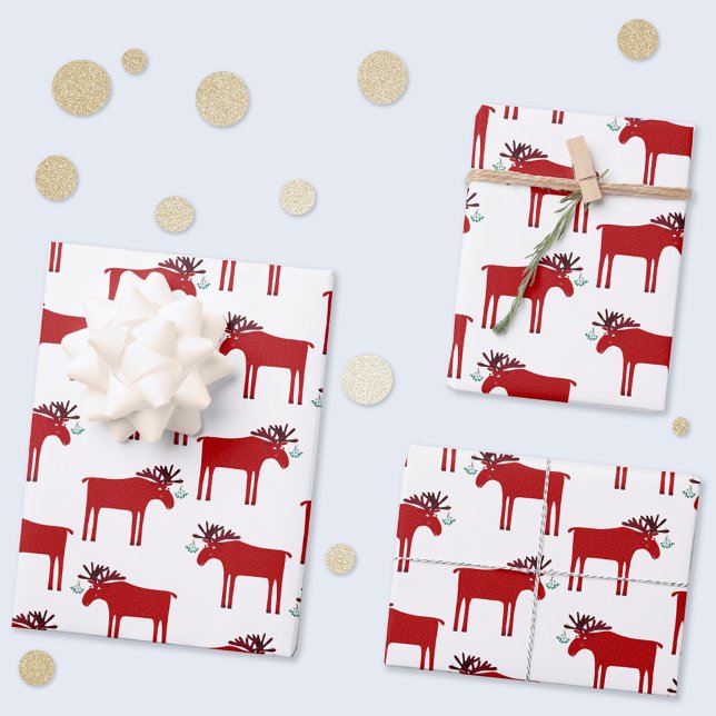 Funny Moose Holiday Red and White Wrapping Paper Sheet (Funny moose or elk pattern red and white gift wrapping paper sheets)