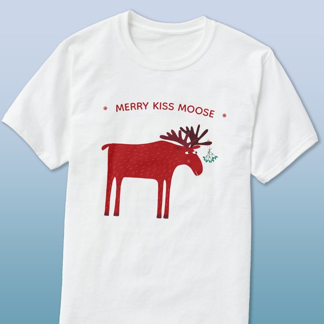 Funny Moose Holiday T-Shirt (Merry Kiss Moose funny moose or elk and mistletoe custom text t-shirt for man or woman)