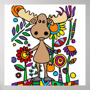 Funny Moose in Flower Garden Art Abstract Poster