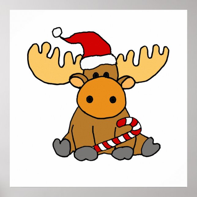 Funny Moose in Santa hat Christmas Cartoon Poster (Front)