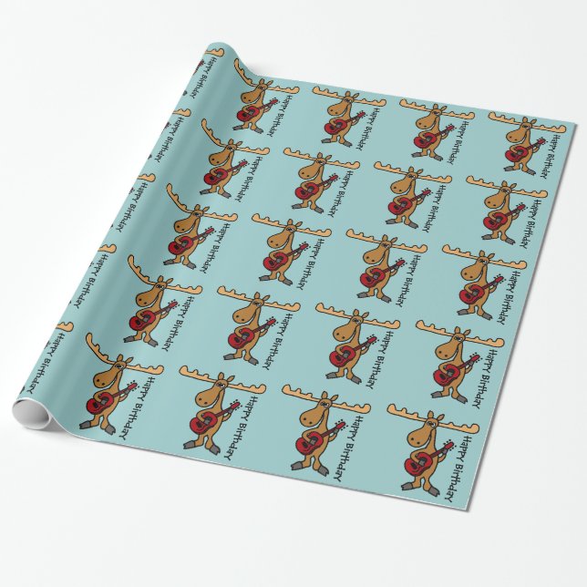 Funny Moose Playing Guitar Birthday Giftwrap Wrapping Paper (Unrolled)
