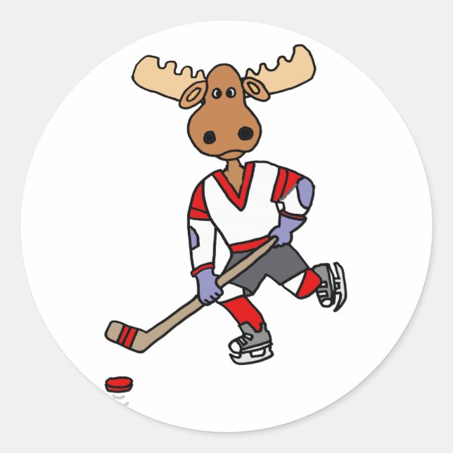 Funny Moose Playing Ice Hockey Cartoon Classic Round Sticker (Front)