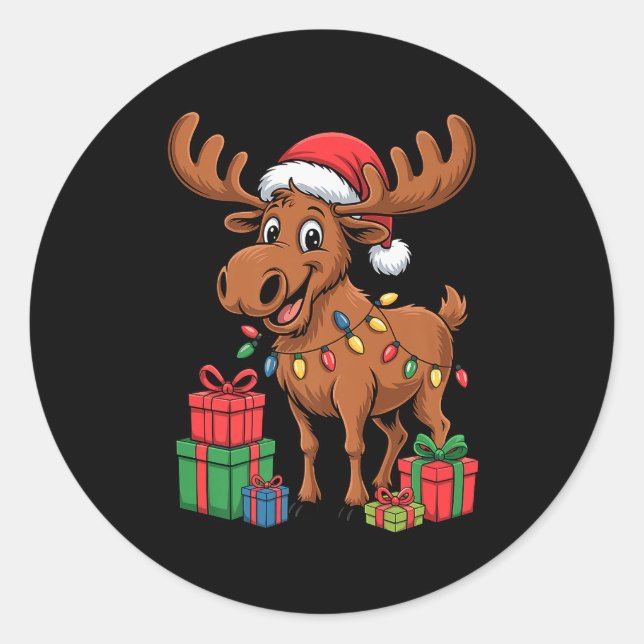 Funny Moose Santa Hat Animals Lovers Ugly Christma Classic Round Sticker (Front)