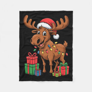 Funny Moose Santa Hat Animals Lovers Ugly Christma Fleece Blanket