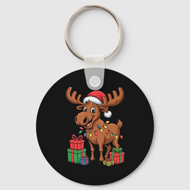 Funny Moose Santa Hat Animals Lovers Ugly Christma Key Ring (Front)