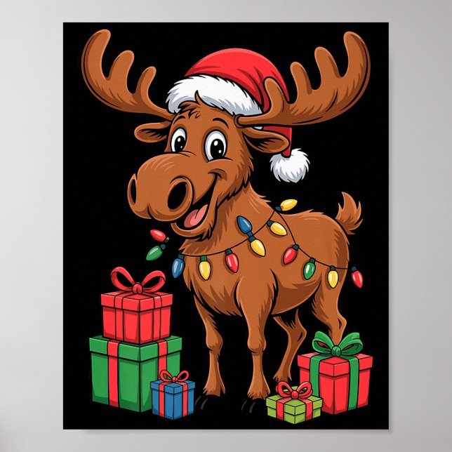 Funny Moose Santa Hat Animals Lovers Ugly Christma Poster (Front)