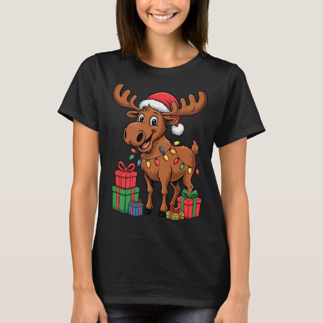 Funny Moose Santa Hat Animals Lovers Ugly Christma T-Shirt (Front)