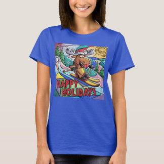 Funny Moose Skiing Happy Holidays Christmas T-Shirt