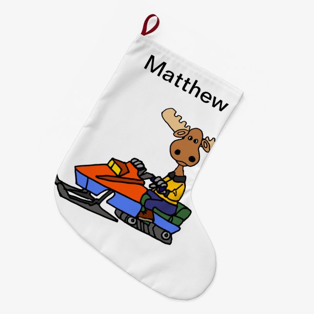 Funny Moose Snowmobiling Large Christmas Stocking (Front (Hanging))